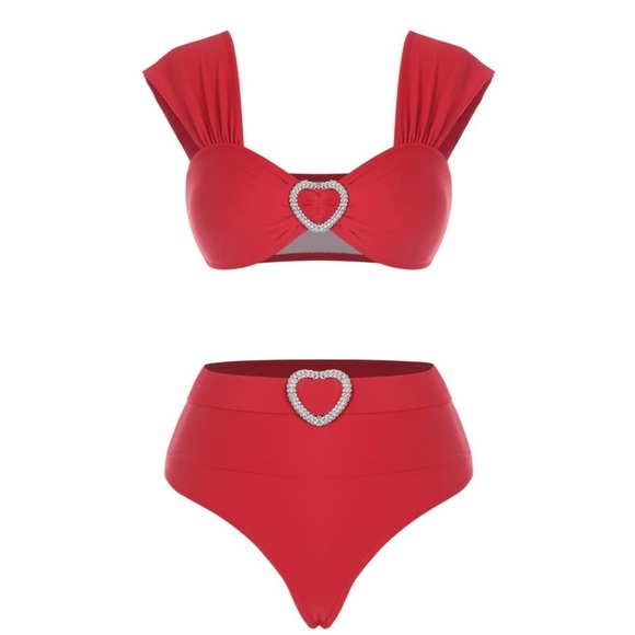 Rhinestone Heart ✦ Red & Silver Bikini Set ✦ Sweetheart Neck + Belted High-Cut L - Picture 7 of 12